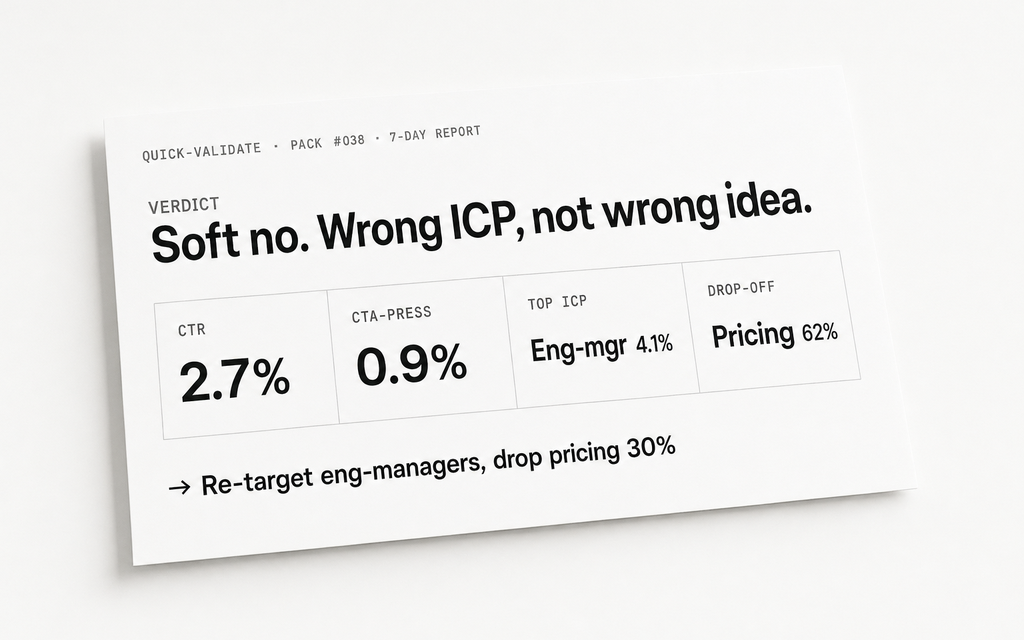 One-page validation report on off-white paper, headed Pack #038 · Verdict: Soft no, with four stat tiles and a short verdict paragraph.